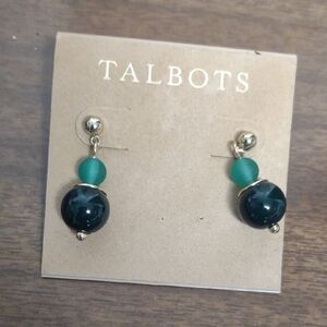 Talbots Dark and Matte Green Bead Drop Earrings with Gold Accents